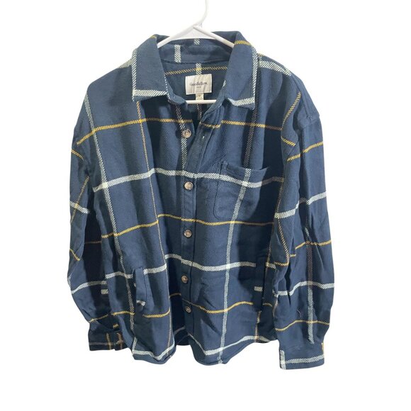 Goodfellow Medium Heavyweight Flannel Shirt Navy Yellow Windowpane - Picture 2 of 6